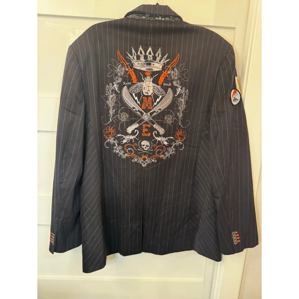 Marc Ecko Cut & Sew Navy Pinstripe Embroidered Crest Blazer Jacket XL Designer